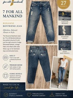 7 For All Mankind Roxanne Boyfriend Jeans - Medium Blue Distressed